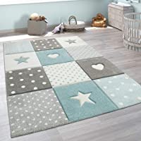 Paco Home Alfombra Infantil A Cuadros Corazones Estrellas Tamaños- tamaño:80x150 cm- Color:Azul